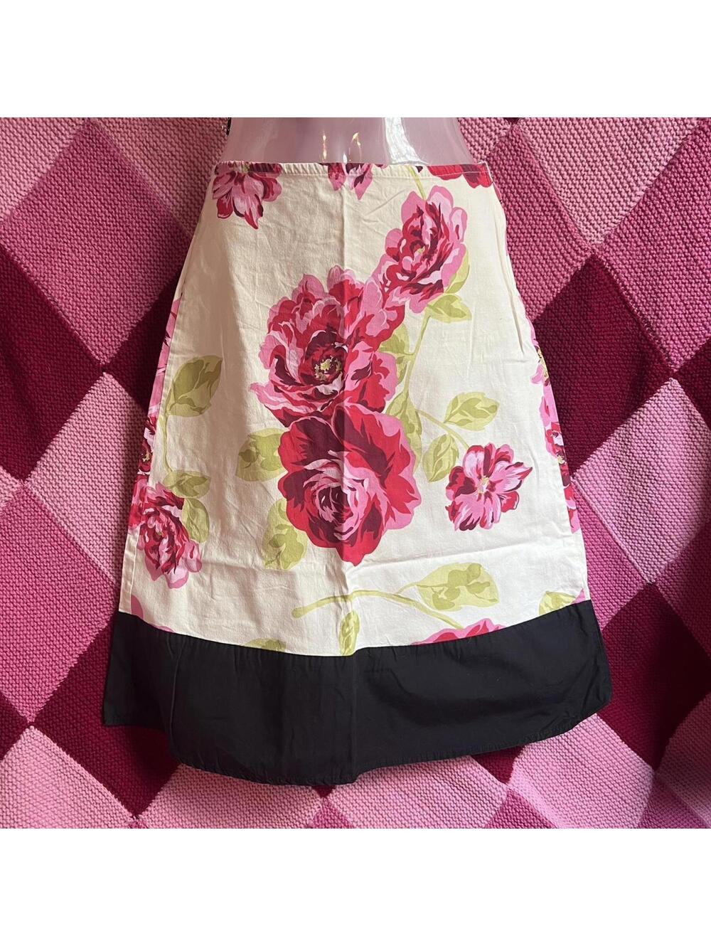y2k cream and pink floral midi skirt